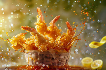 A stylized photo of crispy shrimp tempura bursting energetically from a woven basket, along with dipping sauce splatters and lemon zest, set against a matte olive background.