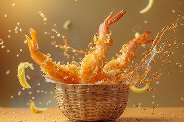 A stylized photo of crispy shrimp tempura bursting energetically from a woven basket, along with dipping sauce splatters and lemon zest, set against a matte olive background. - obrazy, fototapety, plakaty
