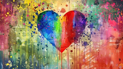  A colorful canvas featuring a whimsical rainbow heart design adorned with vibrant paint drips and splatters The palette includes all seven colors of the rainbow,