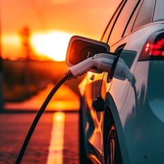 Electric Vehicle Charging at Sunset: A White Car Plugged into a Charging Station with Warm Sunlight in the Background