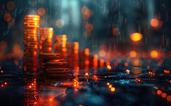 Piles of coins on a circuit board with glowing red lights. Finance and cryptocurrency technology concept for economic growth, investment, and digital currency