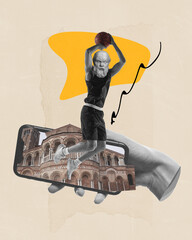 Muscular athlete with antique statue bust, basketball player in motion over phone screen with retro building. Contemporary art. Concept of sport, surrealism, creativity, abstract art, retro style
