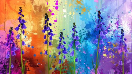  A vibrant artwork featuring a colorful array of flowers against a diverse backdrop and a splash of paint for added texture