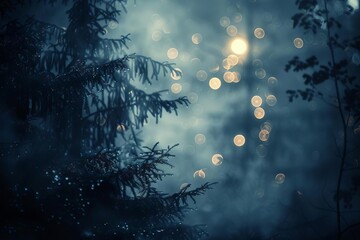 Spooky misty forest with full moon light shining through trees, creating eerie bokeh effect - Abstract photo