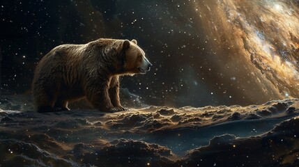 Editorial photography depicting a Bitcoin bear amidst galactic settings - obrazy, fototapety, plakaty