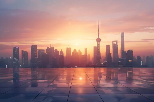 Sunrise over Downtown Cityscape and Skyline, Empty Floor Foreground, Panoramic View, Digital Illustration