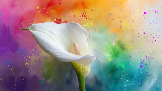  A multicolored background with a white flower, splash of paint, and green stem in the middle