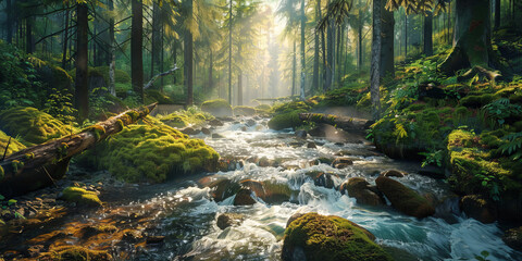 A magical forest scene with a crystal-clear stream running through lush greenery, illuminated by divine sunlight