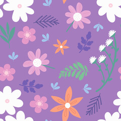 Fototapeta na wymiar Pretty floral seamless pattern. Hand drawn colorful flowers and leaves scattered on purple background. Pastel colored cheerful blossom allover print 