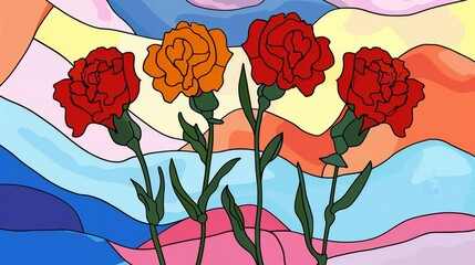  A trio of red and yellow blooms in a vase against a multicolored backdrop