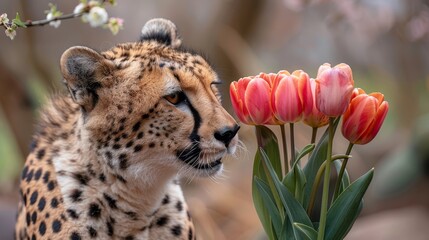  A cheetah gazes at a field of tulips