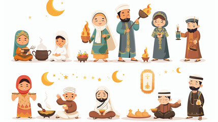 Ramadan clip art - set of Ramadan cartoon characters and design elements, Depictions of lifestyle scenarios such as families cooking, eating, praying and celebrating together