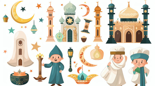 Ramadan clip art - set of Ramadan cartoon characters and design elements