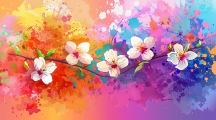 A vibrant depiction of a white-flowered branch against a rainbow backdrop, accented by a splash of vivid colors