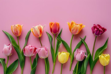 Vibrant spring tulip flowers arranged on a pink background, flat lay style for Mother's Day or spring sale, top view photo