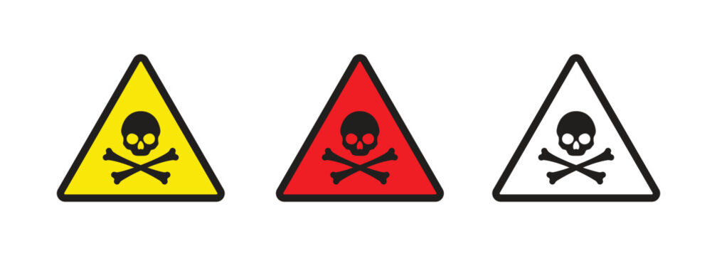 Set of warning signs with skull and bones, red and yellow, skull sign.