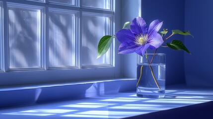  A vase with purple flowers sits on a blue window sill