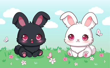 Two cartoon Easter bunnies sitting on the grass. A cute spring children's illustration with funny little animals.