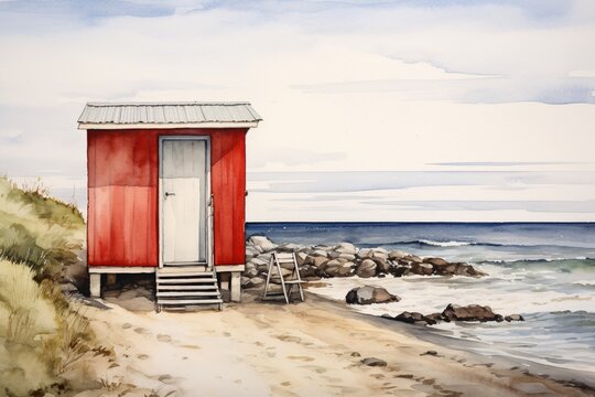 a watercolor painting of a red building on a beach