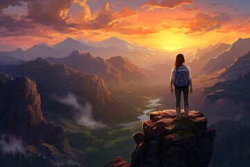 a woman standing on a cliff looking at a valley with mountains and clouds - obrazy, fototapety, plakaty