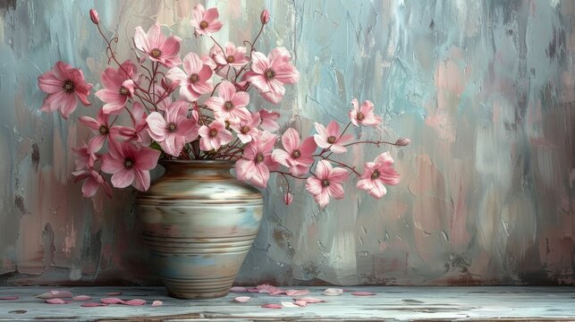  A picture of a vase adorned with pink blossoms resting atop a table beside an artwork showcasing blue and white tones
