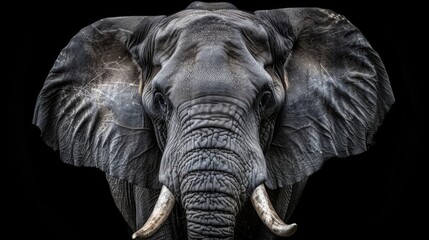  Close-up of an elephant's head, showcasing its tusks and wrinkled face - obrazy, fototapety, plakaty