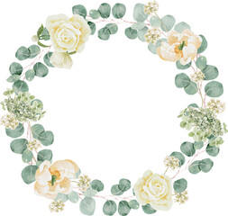 watercolor white peony and rose foliage flower bouquet wreath frame