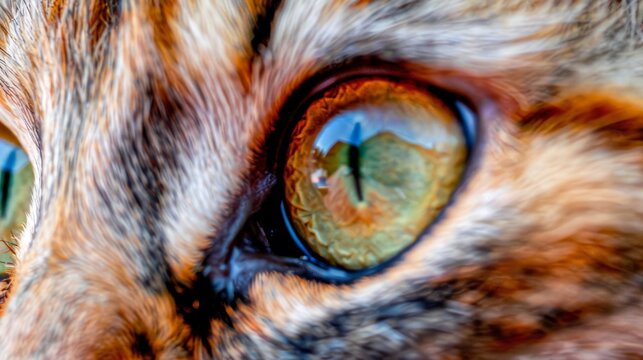  A macro photograph of a cat's eye, with a fuzzy portrait of its face in the background