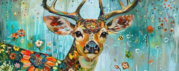 Floral Deer with Colorful Patterns Background of Blues and Greens, with Raindrops