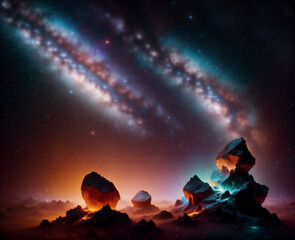 Gorgeous cosmic background with nebulae, brilliant stars and rocks on the surface.  Generative Ai