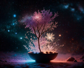 cosmic background with nebulae, brilliant stars and cosmic tree.  Generative Ai