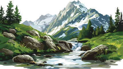Mountain stream painting - obrazy, fototapety, plakaty