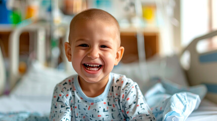 Brave Young Cancer Patient Smiling Joyfully in Hospital Room - obrazy, fototapety, plakaty