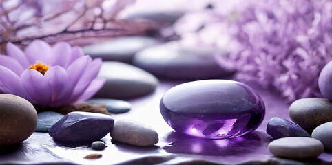 Obraz na płótnie Canvas Spa, Zen, Massage, Reiki, Aromatherapy, purple background - AI generated