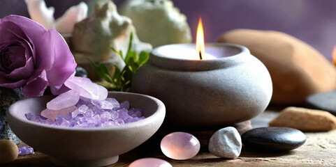 Spa, Zen, Massage, Reiki, Litotherapy, purple background - AI generated