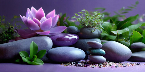 Spa, Zen, Massage, Reiki, Aromatherapy, purple background - AI generated
