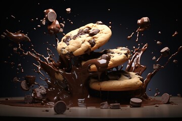 chocolate cookies splashing in a chocolate splash