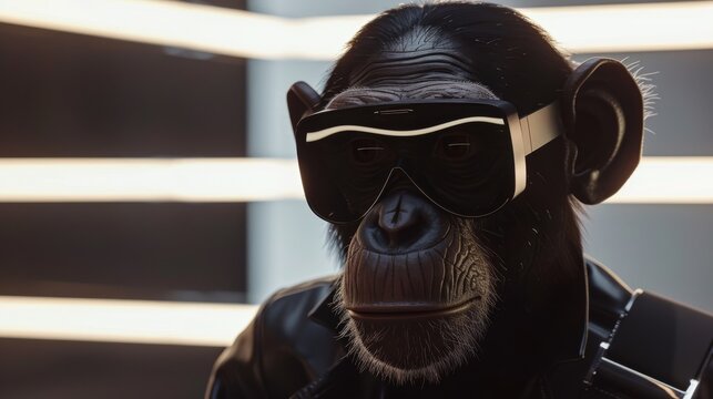  A photo of a monkey wearing a leather jacket and goggles