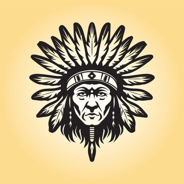 Native old man head illustration in black and white
