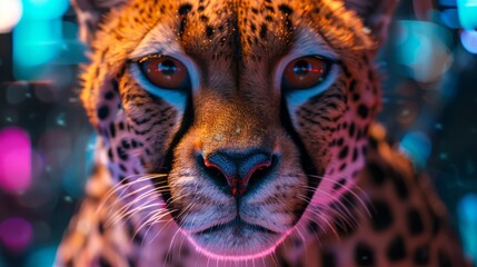  A sharp close-up of a cheetah's face amidst a blurry blue-pink background of lights - obrazy, fototapety, plakaty