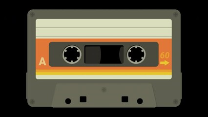 animation loop of an old magnetic tape audio cassette with its label on side A in flat design style whose tapes rotate on a green, transparent background with alpha channel