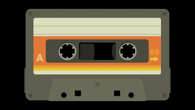 animation loop of an old magnetic tape audio cassette with its label on side A in flat design style whose tapes rotate on a green, transparent background with alpha channel
