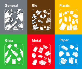 Ready sets of icons for separating trash. Vector elements are made with high contrast, well suited to different scales and on different media. Ready for use in your design. EPS10. - obrazy, fototapety, plakaty