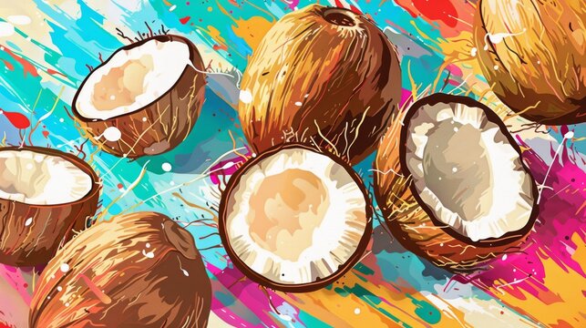  A colorful painting of coconuts on a vibrant surface, adorned with paint splatters and a splattered backdrop