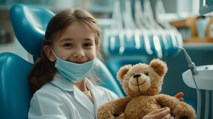 A girl wearing a white coat and mask sits in a chair holding a teddy bear and smiles at the camera.ai generated.