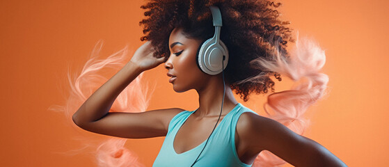 Beautiful african american sportswoman listening music with headphones on orange background