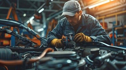 Fototapeta na wymiar Dedicated Professional Mechanic Showcasing Expertise in Engine Repair and Maintenance in a Well-Equipped, Organized Garage