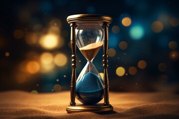 a sand clock with blue and brown sand - obrazy, fototapety, plakaty