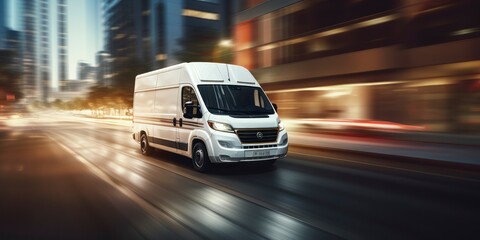 Fototapeta na wymiar White commercial delivery van on the street with motion blur background