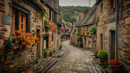 Beautiful perspective of an old European town street adorned with vibrant flowers and quaint houses
